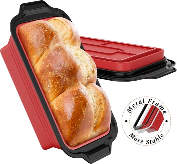 2-Pack Silicone Loaf Pans with Metal Frame – Non-Stick Bread & Cake Molds (9"x5"x2.5", Red)