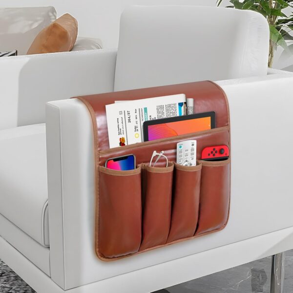 Non-slip Couch Organizer – Leather Armchair Caddy with 5 Pockets for Remote, Keys, Phone