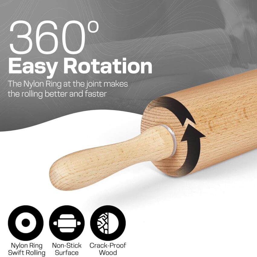 17.6" Wooden Rolling Pin – Long Dough Roller for Baking