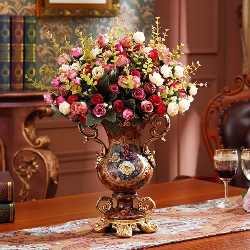 Vintage Artificial Flower Vase Set - Golden Resin Decor
