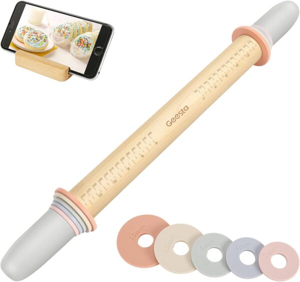 Adjustable Wood Rolling Pin with 5 Thickness Rings – Dough Roller for Fondant, Pizza, Pie Crust, Cookies & Pastry