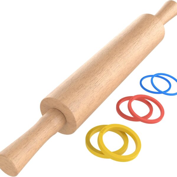 Classic Wooden Rolling Pin with Handle – 17"x2.5" for Fondant, Pizza, Pies, Cookies & Pastries, with 3 Multi-Color Thickness Rings