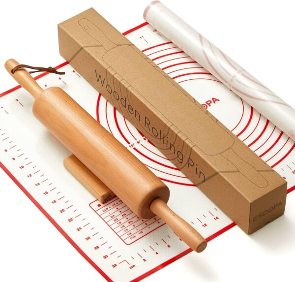 Classic Wood Rolling Pin – 17" Wooden Dough Roller with Silicone Mat Set for Baking Pie Crust, Cookies, Pizza & Bread