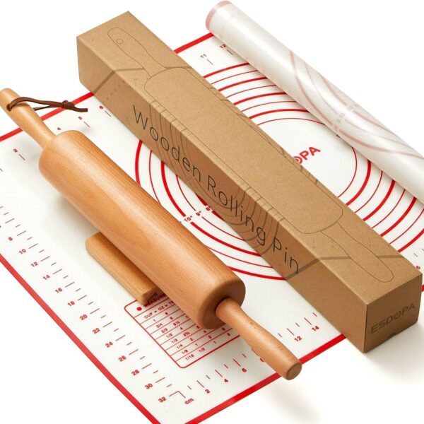 Classic Wood Rolling Pin – 17" Wooden Dough Roller with Silicone Mat Set for Baking Pie Crust, Cookies, Pizza & Bread