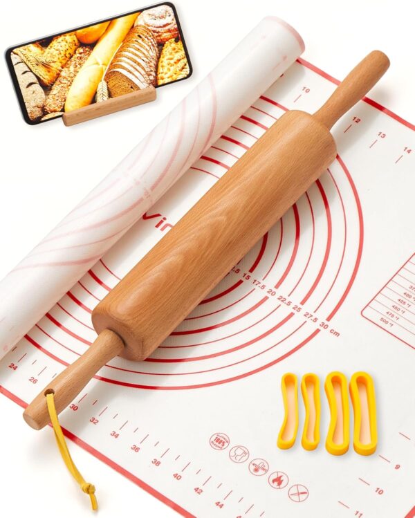 Classic 17" Wood Rolling Pin – Includes Silicone Mat & Adjustable Thickness Rings for Baking Pie Crust, Cookies, Pizza & Bread