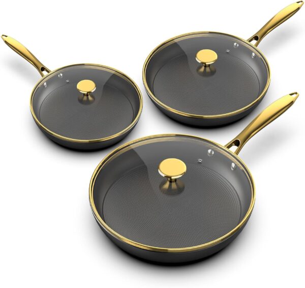 3-Piece Nonstick Cast Iron Frying Pan Set – 8", 10", 12" Skillets with Lids, Professional Cookware, Ideal Gift for Women & Men