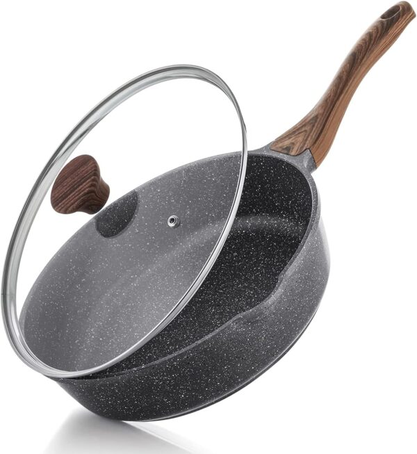 Nonstick Deep Frying Pan – 10" Saute Pan with Lid, Stay-Cool Handle, PFOA-Free Stone Cookware, Induction Compatible, 3.5QT