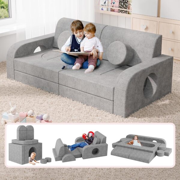 "14pcs Modular Kids Play Couch – Convertible Foam Sofa, Grey"