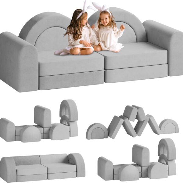 "10pcs Modular Kids Play Couch – Convertible Foam Sofa (Grey)"