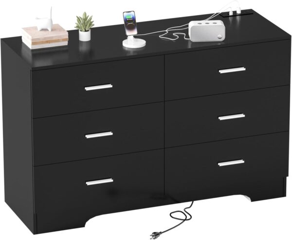 "6-Drawer Black Dresser with Power Outlets – Modern Wood Chest for Bedroom & Living Room"