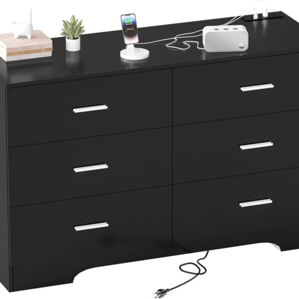 "6-Drawer Black Dresser with Power Outlets – Modern Wood Chest for Bedroom & Living Room"