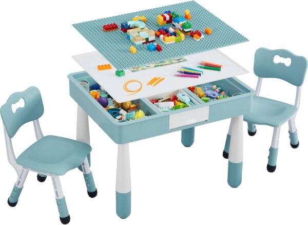 "4-in-1 Kids Table & 2 Chairs Set – Activity Table for Ages 3-10 (Grayish Blue)"