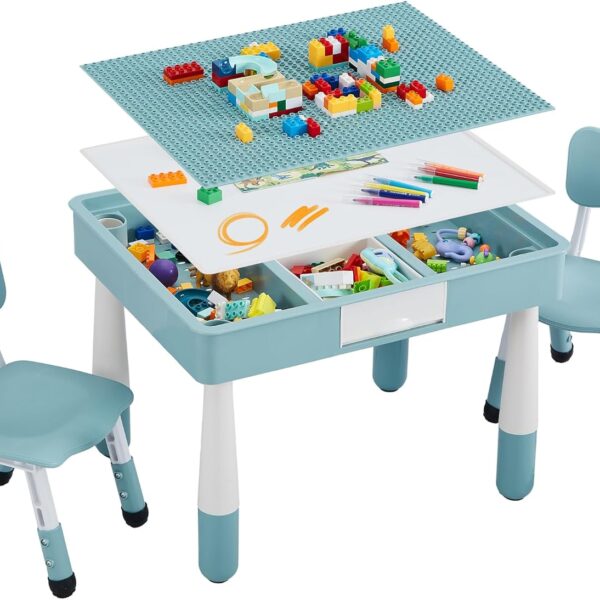 "4-in-1 Kids Table & 2 Chairs Set – Activity Table for Ages 3-10 (Grayish Blue)"