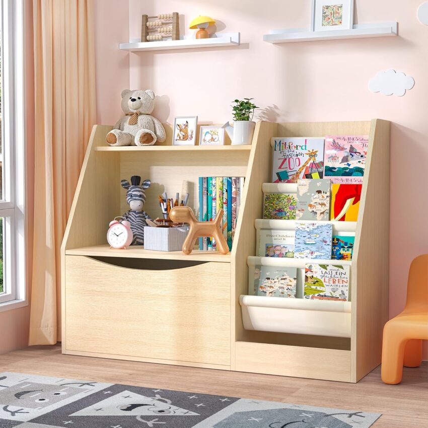"2-Tier Kids Bookshelf & Book Storage – 4 Sling Organizer for Nursery & Playroom (Natural Wood)"