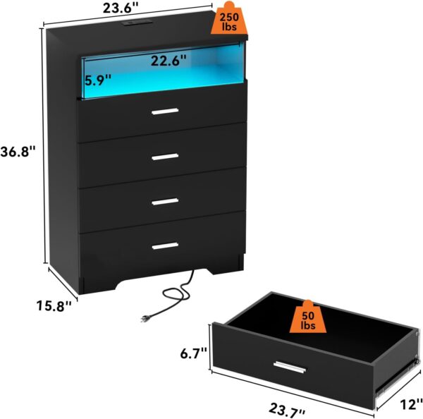 "4-Drawer Dresser with Power Outlets & LED Lights – Tall Black Wooden Chest for Bedroom & Living Room"