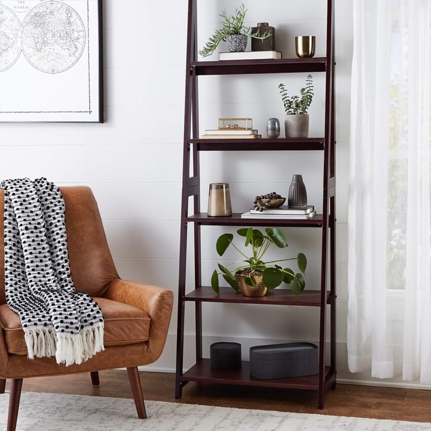 5-Tier Ladder Bookshelf – Solid Rubberwood Frame, Walnut Finish, 70.1" H