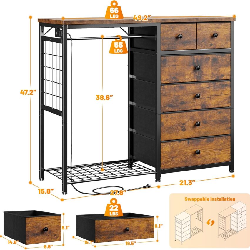 49.2" Dresser with Hanging Rack, 6 Drawers, LED Lights & Charging Station – Rustic Brown Fabric Storage Unit
