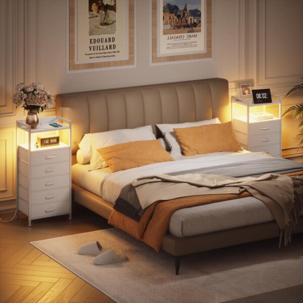 Furnulem White Nightstand with 5 Drawers, LED Light & Charging Station