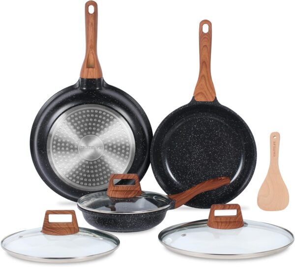 Ceramic Nonstick Frying Pan Set with Lids – Non-Toxic, PTFE & PFOA-Free, All Stovetop Compatible (Black)