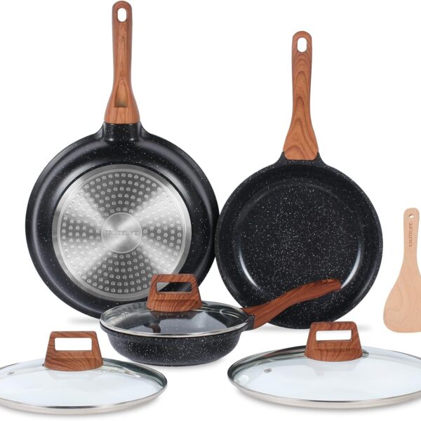 Ceramic Nonstick Frying Pan Set with Lids – Non-Toxic, PTFE & PFOA-Free, All Stovetop Compatible (Black)