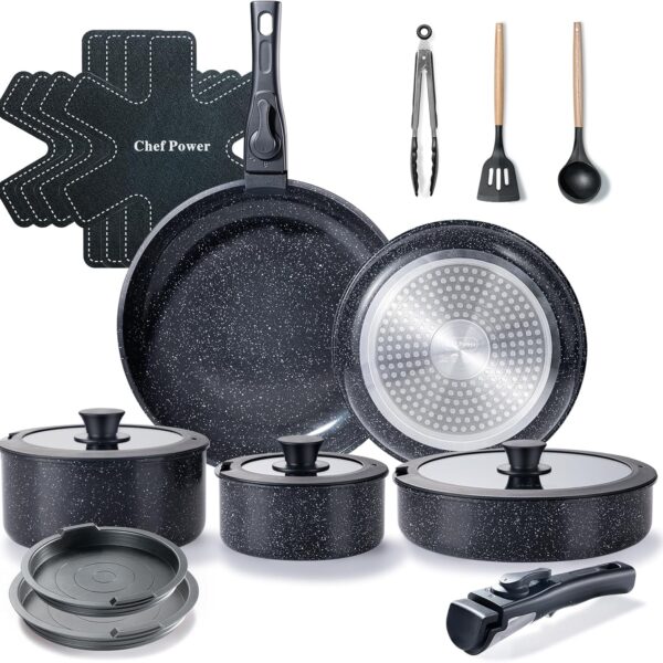 19-Piece Ceramic Nonstick Cookware Set with Detachable Handle – Induction, Oven & Dishwasher Safe –