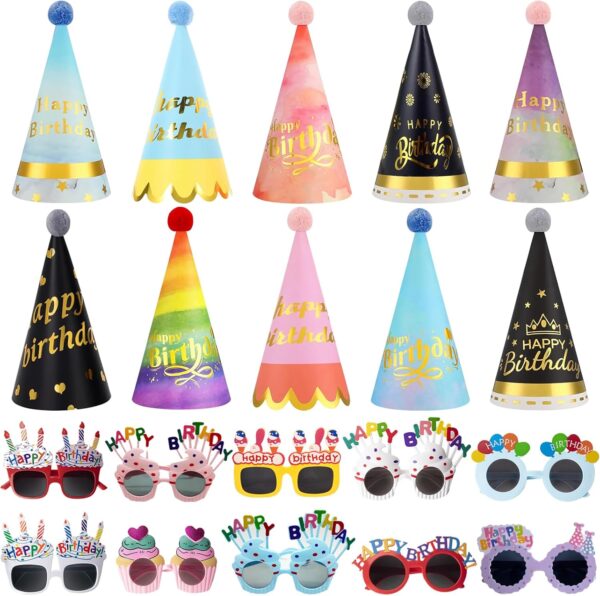 20-Piece Rainbow Birthday Party Hat & Sunglasses Set – Funny Cone Hats with Pom Poms