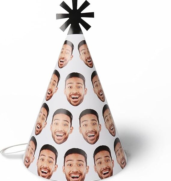 "Set of 8 Custom Photo Fun Face Cone Hats – Personalized Birthday Party Decorations"