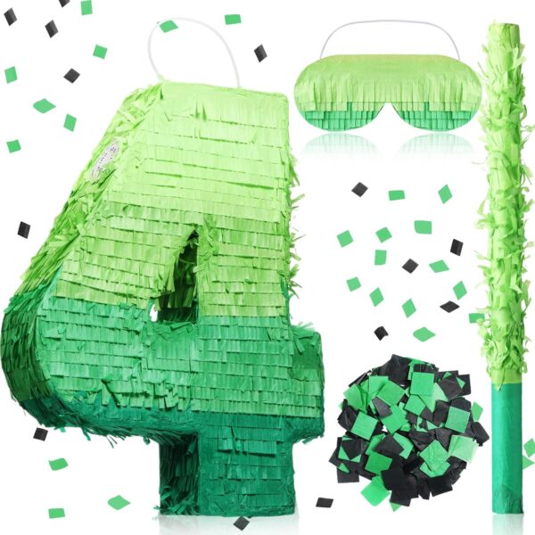 "16'' Green Gradient Number Piñata with Stick, Blindfold & Confetti – Jungle Safari Party Decor"
