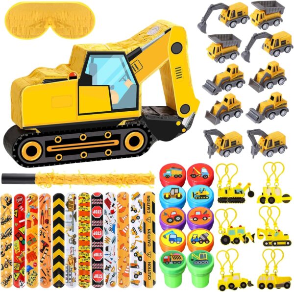 "49-Piece Construction Party Favors Set – Excavator Piñata, Toy Vehicles, Slap Bracelets, Keychains & More"