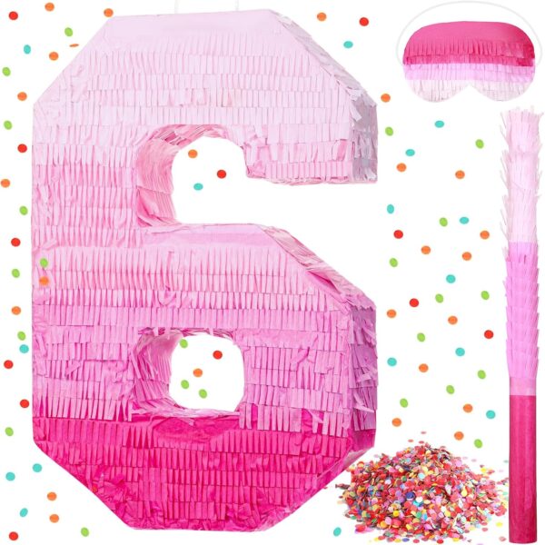 "Pink Gradient Number 6 Piñata with Stick, Blindfold & Confetti – Birthday Party Decor for Kids"