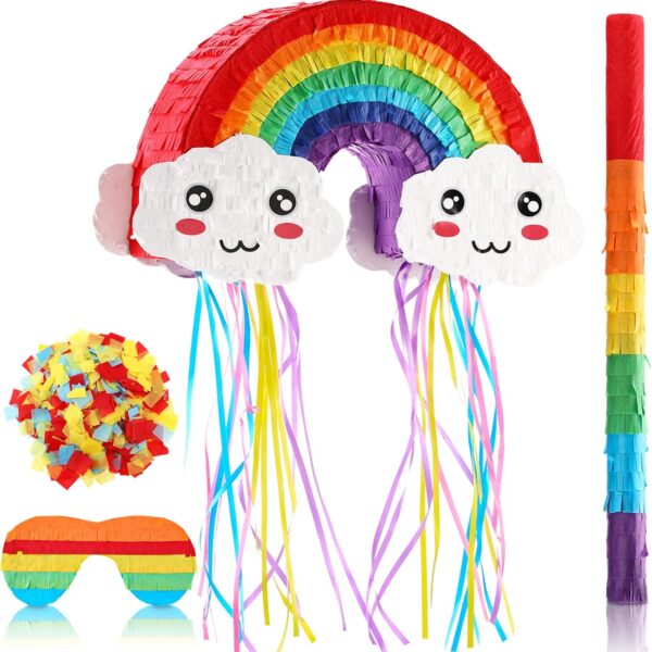 "Rainbow & Cloud Mini Piñata Set with Bat, Blindfold & Confetti – Kids Birthday or Carnival Decor (16x10x2.7'')"