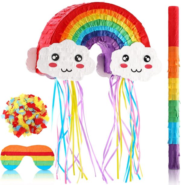 "Rainbow & Cloud Mini Piñata Set with Bat, Blindfold & Confetti – Kids Birthday or Carnival Decor (16x10x2.7'')"