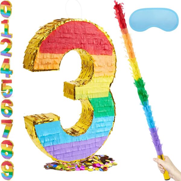 "20'' Rainbow Number 3 Piñata with 30'' Stick, Blindfold & Confetti – Kids Birthday & Fiesta Decor"