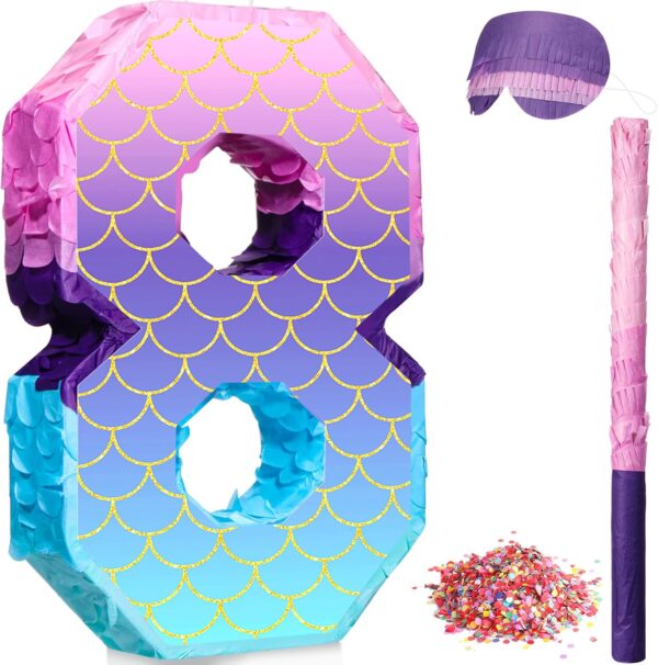 "16'' Purple Mermaid Number 8 Piñata with Stick, Blindfold & Confetti – Birthday & Anniversary Decor"