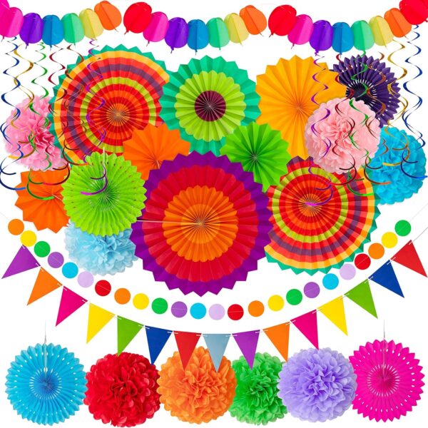 "35PCS Fiesta Party Decorations Set – Cinco de Mayo Paper Fans, Pom Poms, Pennants & Banners"