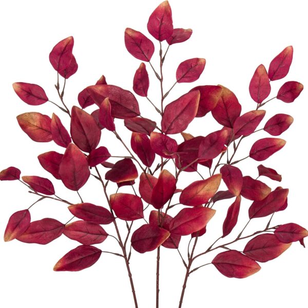 3-Pcs 28.7" Red Fall Eucalyptus Leaves Stems for Thanksgiving & Autumn Decor