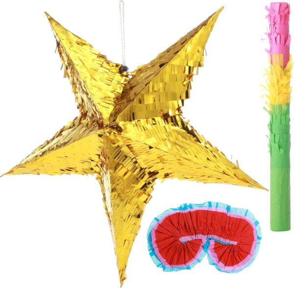 "3-Piece Foil Star Piñata Set with Blindfold & Bat – Birthday, Wedding, Christmas & Cinco de Mayo Decor"