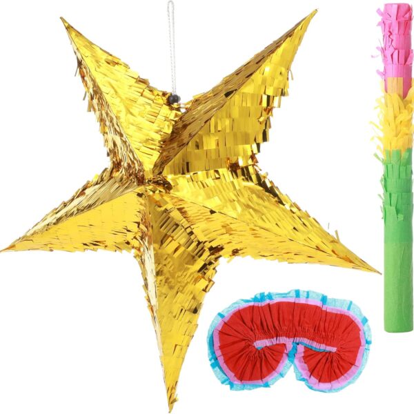 "3-Piece Foil Star Piñata Set with Blindfold & Bat – Birthday, Wedding, Christmas & Cinco de Mayo Decor"