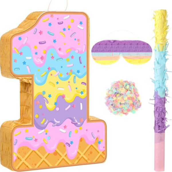 "Summer Ice Cream Number 1 Piñata Set with Bat, Blindfold & Confetti – Sundae Theme Birthday & Baby Shower Decor"