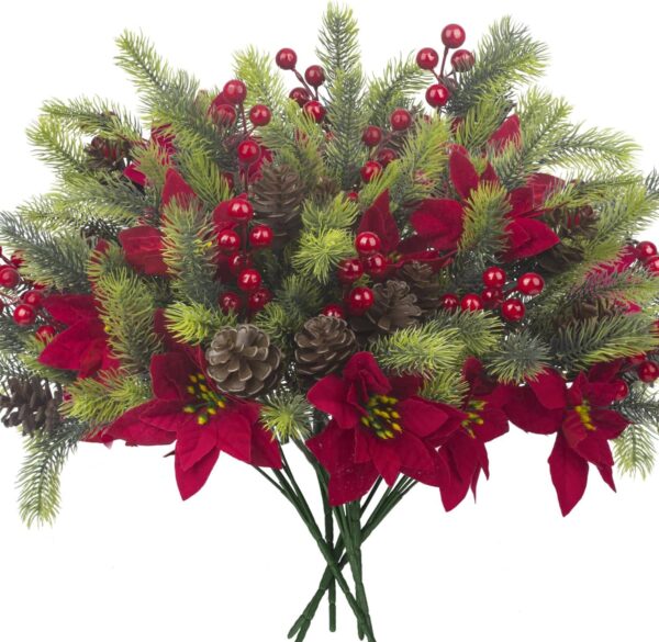 "8PCS Christmas Floral Picks – Artificial Flowers, Pine Cones & Red Berries for Holiday Decor & DIY Centerpieces"