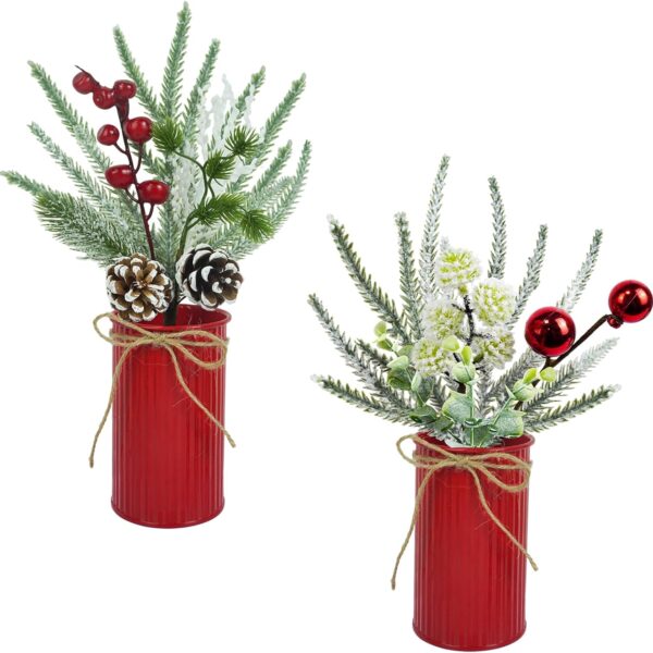 "2-Pack 12'' Mini Christmas Floral Arrangements – Holly, Berries & Pine Cones in Rustic Pots for Holiday Decor"