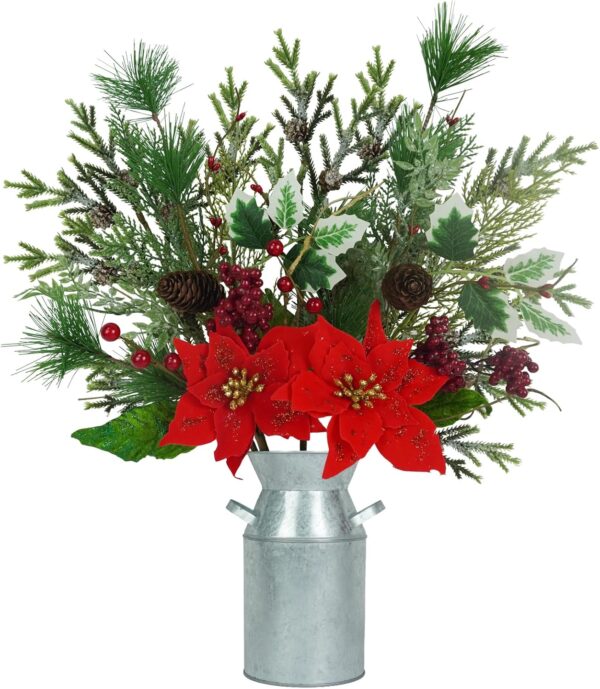 "Christmas Table Centerpiece – Poinsettia, Berries & Pinecones in Vase for Holiday Home Decor"