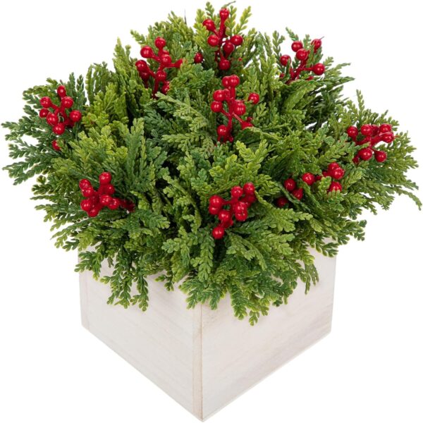 "8'' Artificial Christmas Plant in Wooden Pot – Tabletop Centerpiece with Berries & Cedar for Holiday Decor"