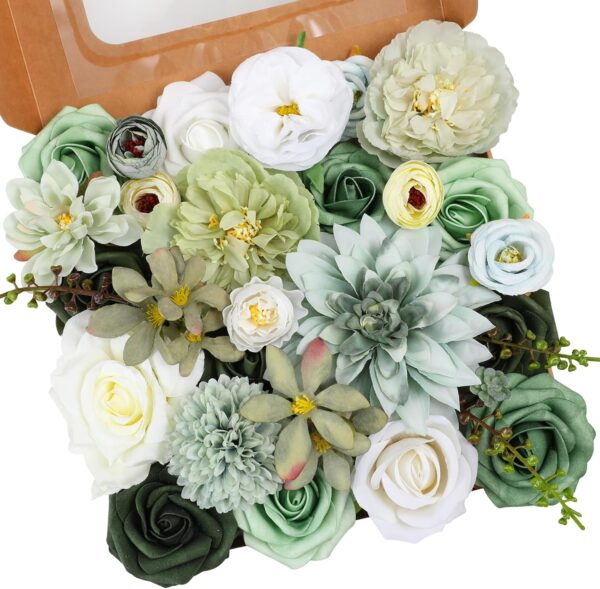 "Forest Green Artificial Flower Combo – Roses, Peonies & Dahlias for DIY Bouquets & Home Decor"