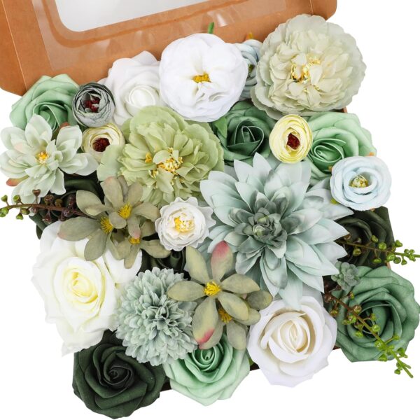"Forest Green Artificial Flower Combo – Roses, Peonies & Dahlias for DIY Bouquets & Home Decor"