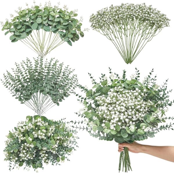 100 Pcs Mixed Artificial Eucalyptus & Babys Breath Stems for Wedding & Home Decor
