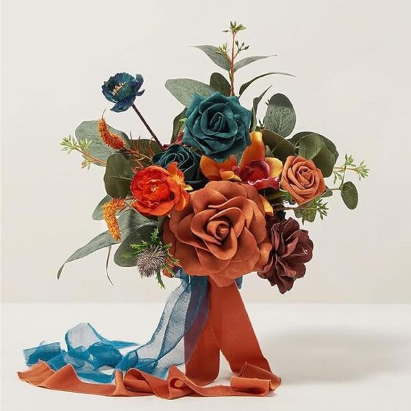 Teal & Burnt Orange 7-Inch Bridesmaid Bouquet - Wedding Flowers & Decor