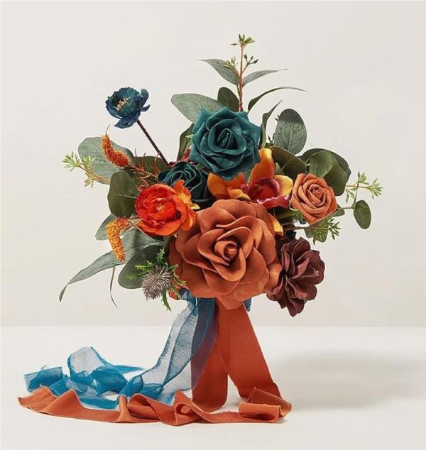 Teal & Burnt Orange 7-Inch Bridesmaid Bouquet - Wedding Flowers & Decor