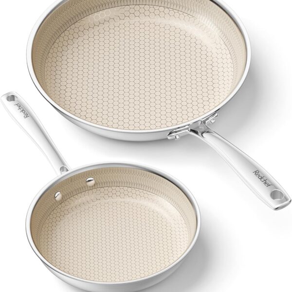 Hybrid Ceramic Frying Pan Set, Non Stick Frying Pans Set, 8 inch, 10 inch Tri-Ply Stainless Steel Ceramic Skillet with Stay-Cool Handle, Non Toxic, PFAS PFOA & PTFE Free, Dishwasher Safe