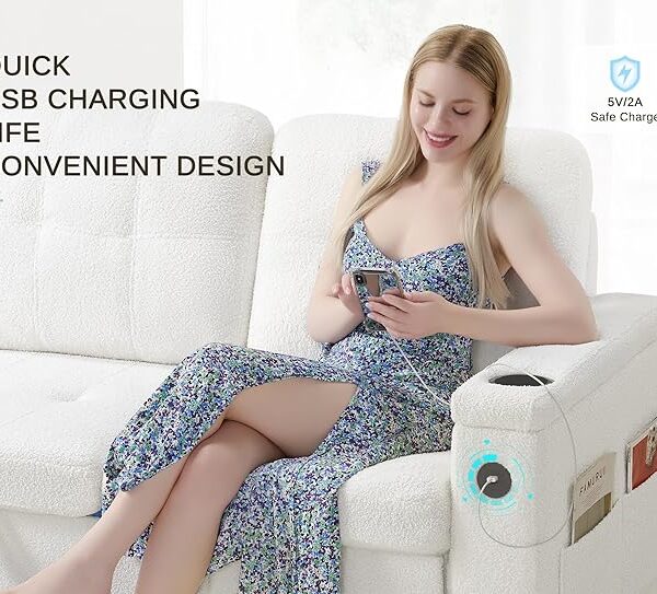 84" Pull-Out Couch – Tufted L-Shaped Sofa Bed with USB Sockets, Cup Holders & Storage (Boucle White)